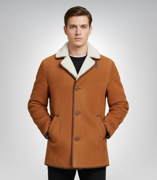 Men’s tan sheepskin shearling pea coat – classic winter jacket