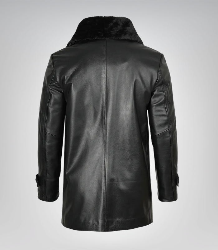 Men’s Classic Black Leather Long Coat – 3/4 Length with Shearling Style Collar