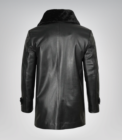 Men’s Classic Black Leather Long Coat – 3/4 Length with Shearling Style Collar