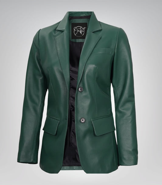 Women’s green real lambskin leather blazer