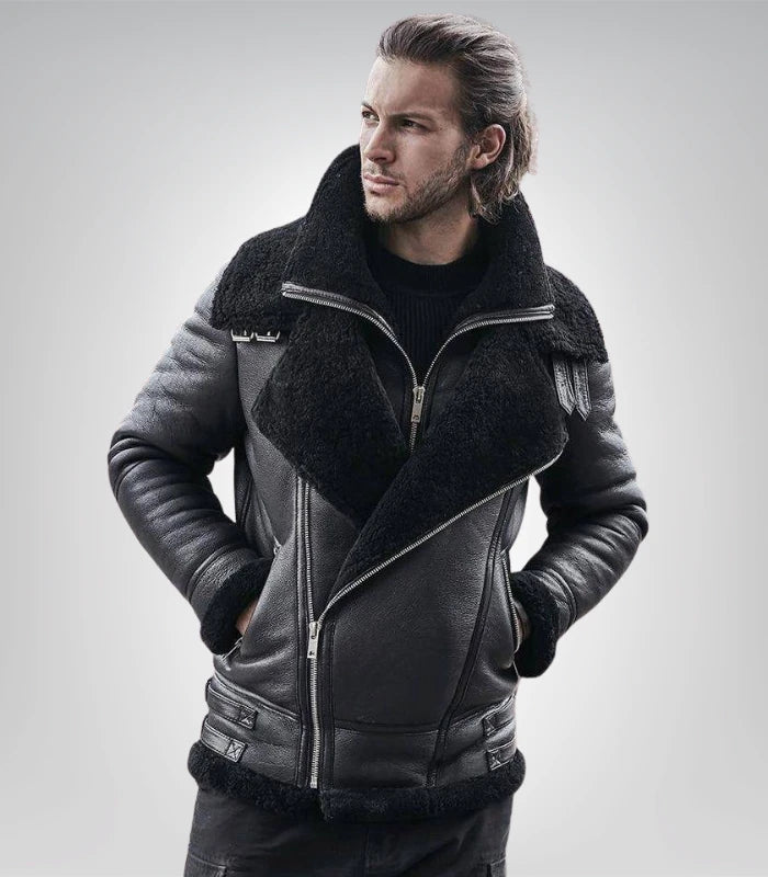Men’s vintage black leather B3 jacket – shearling-lined bomber coat