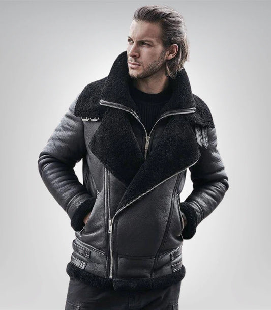 Men’s vintage black leather B3 jacket – shearling-lined bomber coat