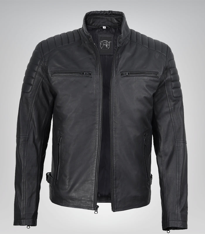 Men’s matte black leather moto jacket – slim fit biker style
