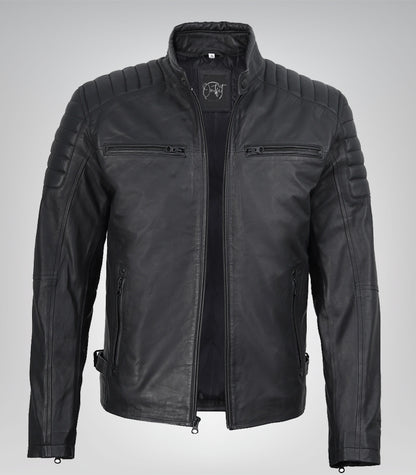 Men’s matte black leather moto jacket – slim fit biker style