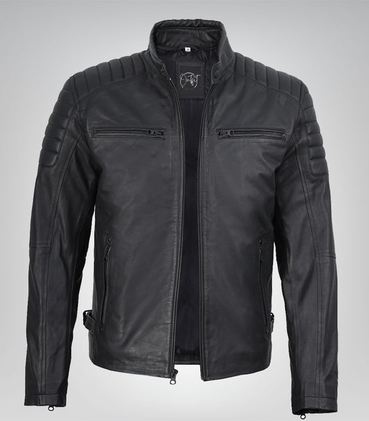 Men’s matte black leather moto jacket – slim fit biker style