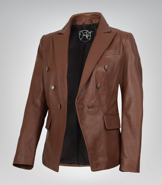Women’s cognac real lambskin leather blazer