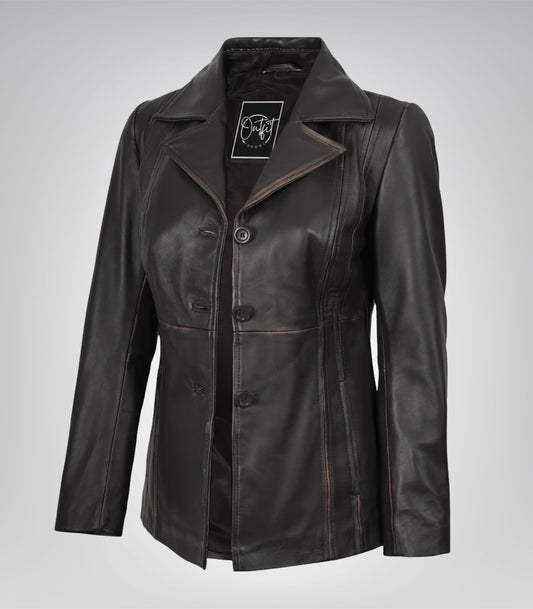 Women’s distressed brown lambskin leather blazer