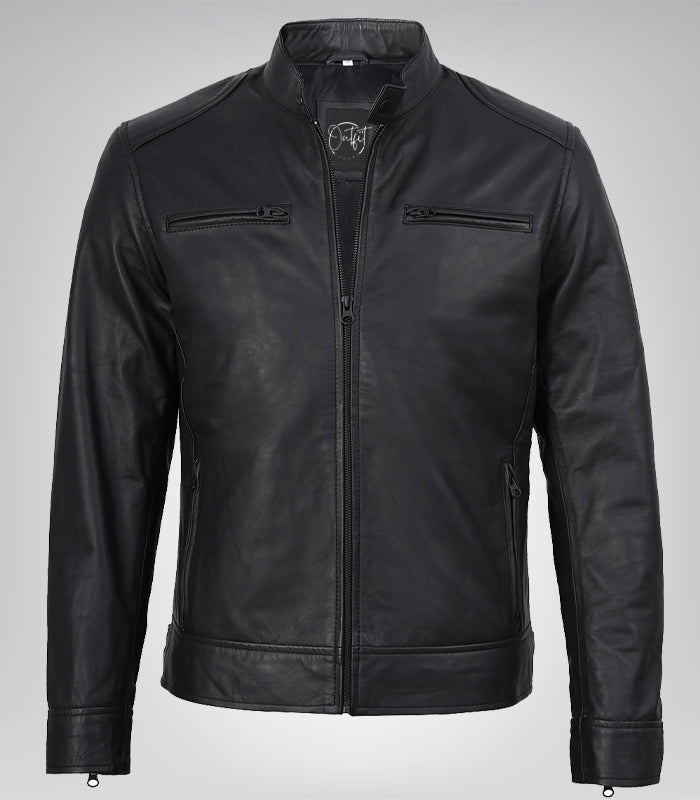 Men’s Matte Black Biker Jacket 100% Real Leather, Café Racer Style