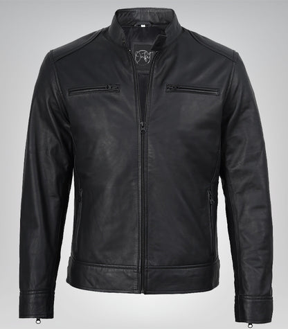 Men’s Matte Black Biker Jacket 100% Real Leather, Café Racer Style