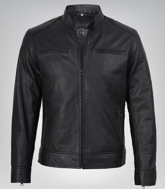 Men’s Matte Black Biker Jacket 100% Real Leather, Café Racer Style