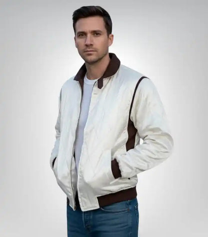 Men’s white satin quilted Ryan Gosling Drive jacket
