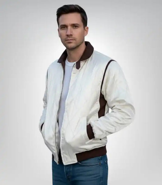 Men’s white satin quilted Ryan Gosling Drive jacket