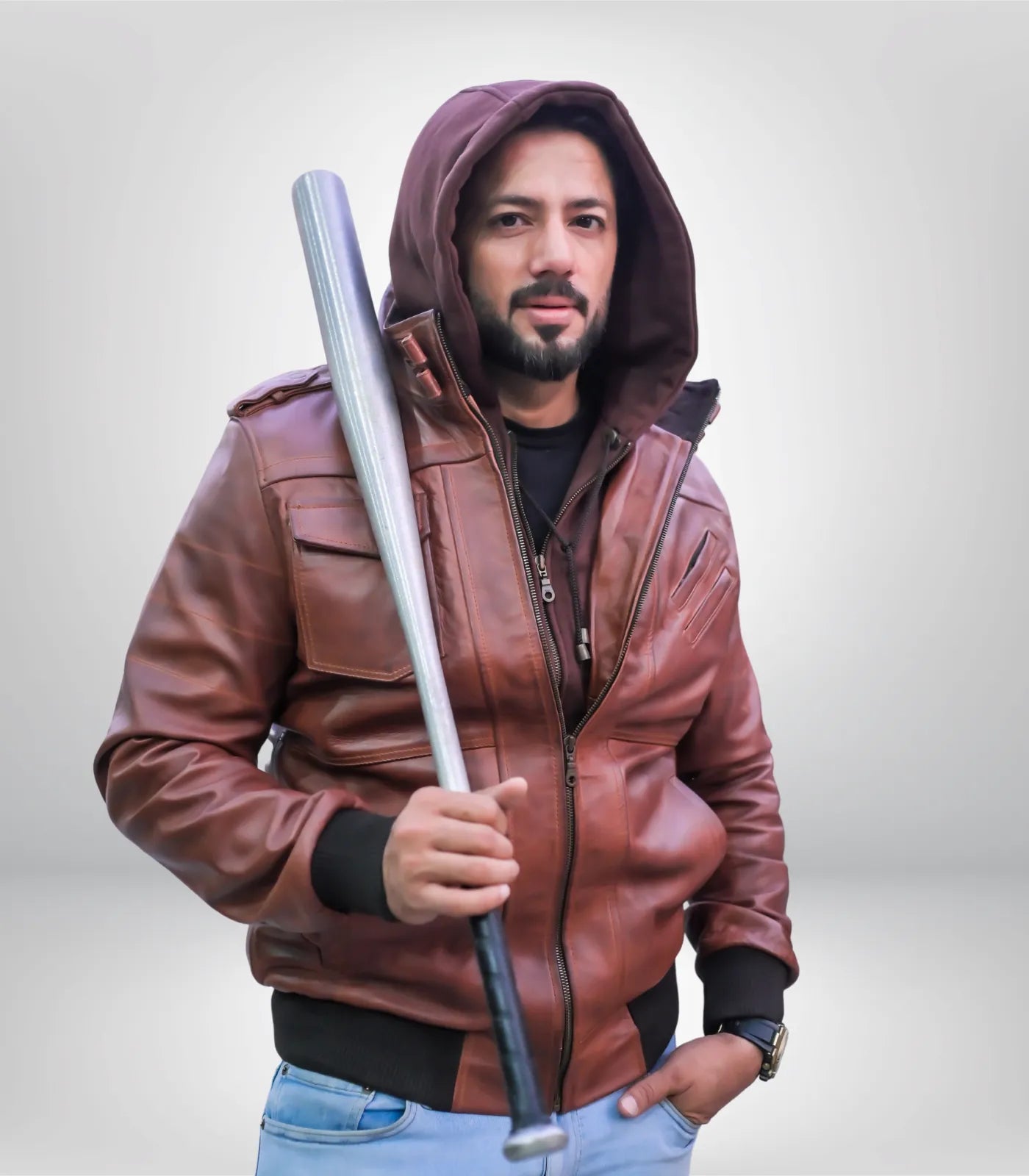 Front view of men’s tan hooded bomber jacket made from genuine lambskin leather with zipper closure