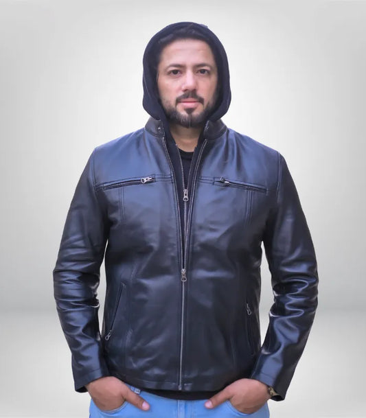 Men’s black leather jacket with removable hood – premium biker style design