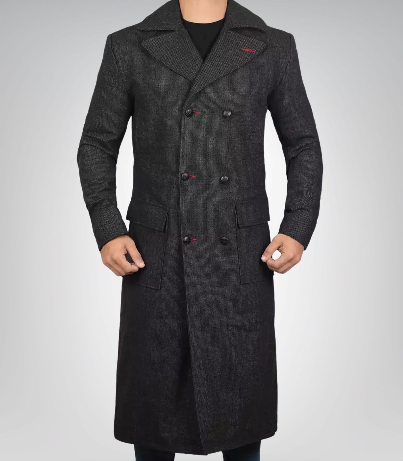 Men’s Double-Breasted Gray Wool Detective Coat with Wide Lapel