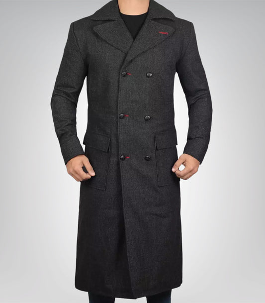 Men’s Double-Breasted Gray Wool Detective Coat with Wide Lapel