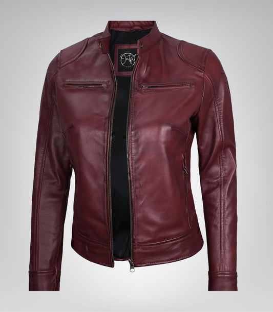 Women’s premium burgundy leather biker jacket