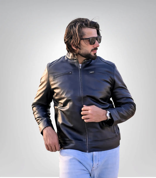 Men’s black real leather biker jacket – premium aniline sheepskin material