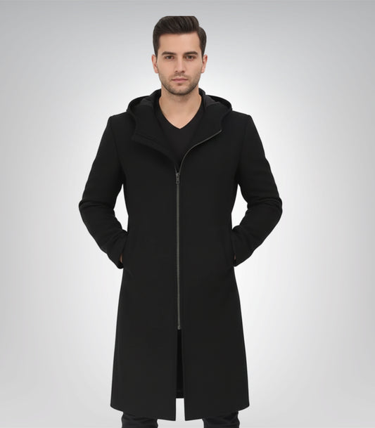 Men’s Black Hooded Wool Coat Zip-Up Winter Overcoat