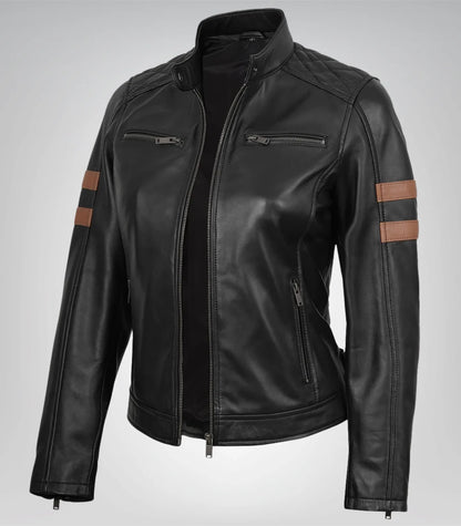 Stylish women’s black motorcycle jacket – genuine leather with amber stripe