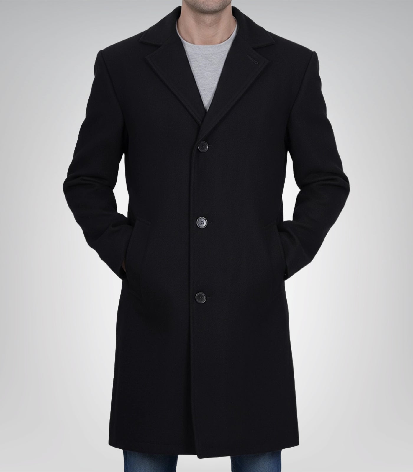 Men’s Single-Breasted Black Wool Coat Modern Fit Long Overcoat