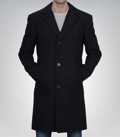 Men’s Single-Breasted Black Wool Coat Modern Fit Long Overcoat