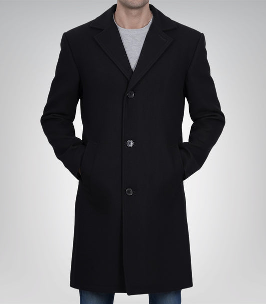 Men’s Single-Breasted Black Wool Coat Modern Fit Long Overcoat