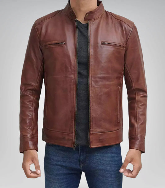 Men’s tall fit cognac brown leather biker jacket – premium real leather design