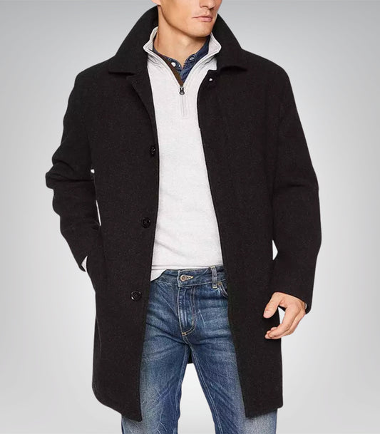 Men’s Single-Breasted Black Wool Car Coat 3/4 Length Winter Overcoat