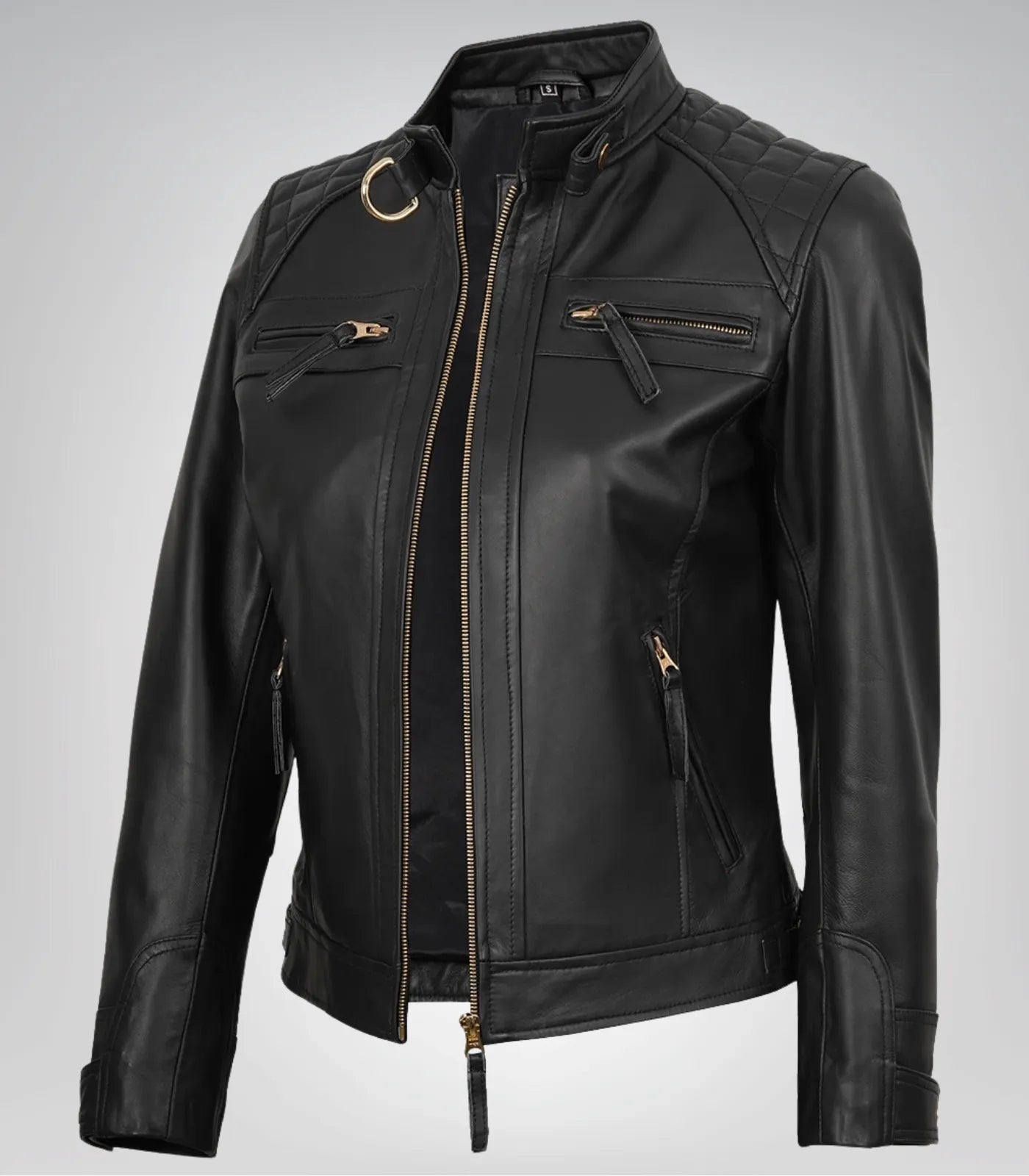 Women’s black real leather biker jacket – premium lambskin with golden details
