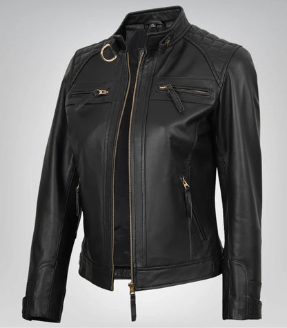 Women’s black real leather biker jacket – premium lambskin with golden details