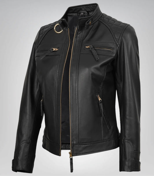 Women’s black real leather biker jacket – premium lambskin with golden details