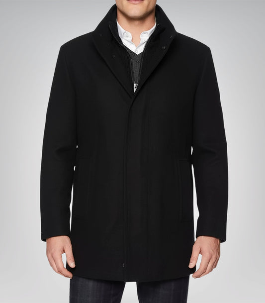 Rafferty Men’s Black Wool Car Coat Modern Fit Zip-Up Overcoat