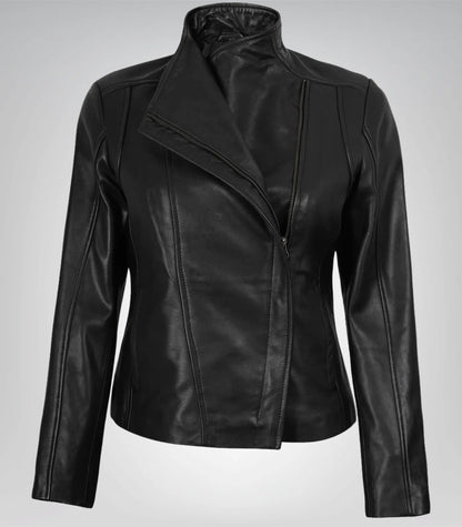Women’s black real leather biker jacket – asymmetrical zip closure and classic moto style