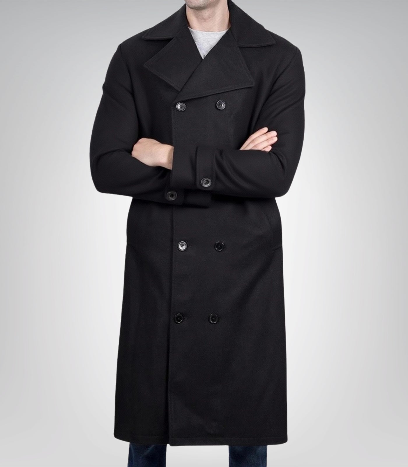 Kenney Men’s Double-Breasted Black Wool Coat Premium Modern Fit Overcoat