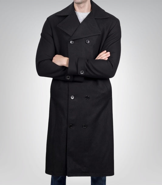 Kenney Men’s Double-Breasted Black Wool Coat Premium Modern Fit Overcoat