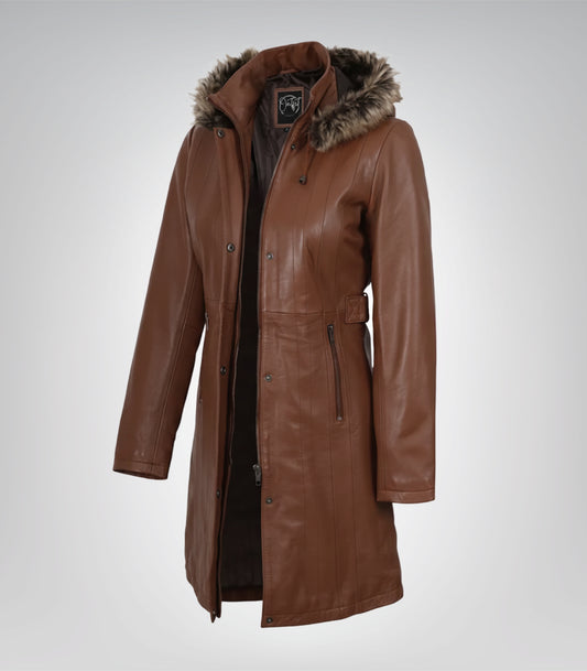 Women’s Brown Leather Coat with Removable Hood and Faux Fur Trim