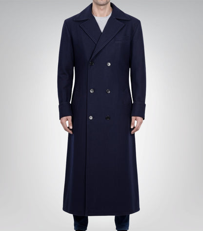 Men’s Dark Blue Double-Breasted Wool Coat Classic Formal &amp; Casual Overcoat
