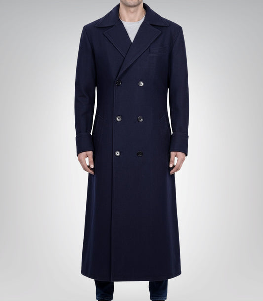 Men’s Dark Blue Double-Breasted Wool Coat Classic Formal &amp; Casual Overcoat