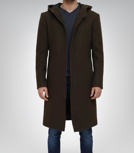 Delbert Men’s Long Olive Wool Coat Hooded Zip-Up Winter Overcoat