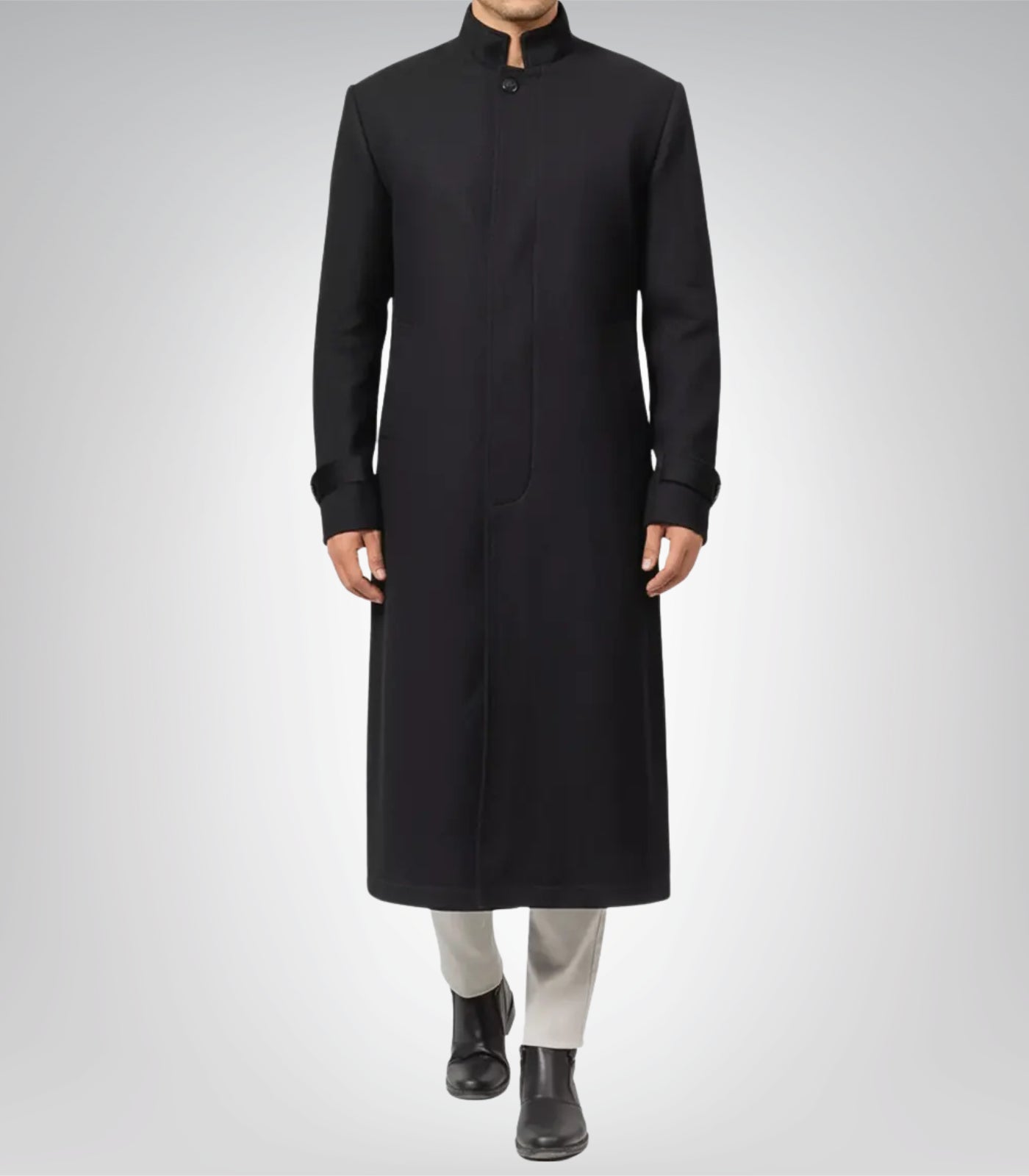 McGhee Men’s Black Wool Trench Coat Erect Collar Formal Overcoat