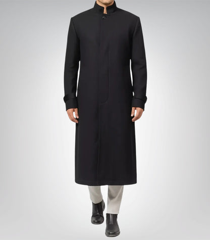 McGhee Men’s Black Wool Trench Coat Erect Collar Formal Overcoat