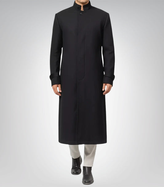 McGhee Men’s Black Wool Trench Coat Erect Collar Formal Overcoat