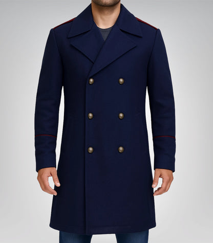 The Naval Officer Men’s Navy Double-Breasted Wool Coat Tailored Winter Overcoat
