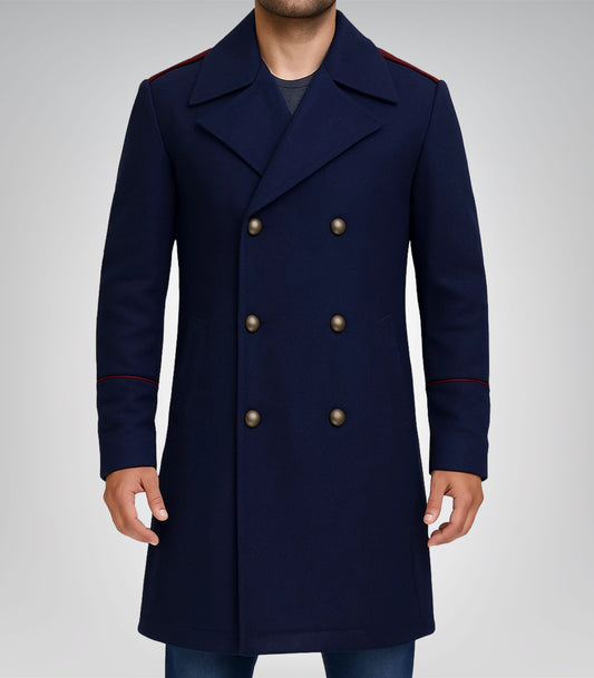 The Naval Officer Men’s Navy Double-Breasted Wool Coat Tailored Winter Overcoat