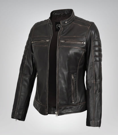 Women’s premium distressed brown leather biker jacket