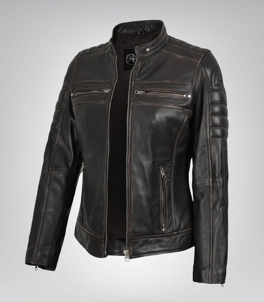Women’s premium distressed brown leather biker jacket