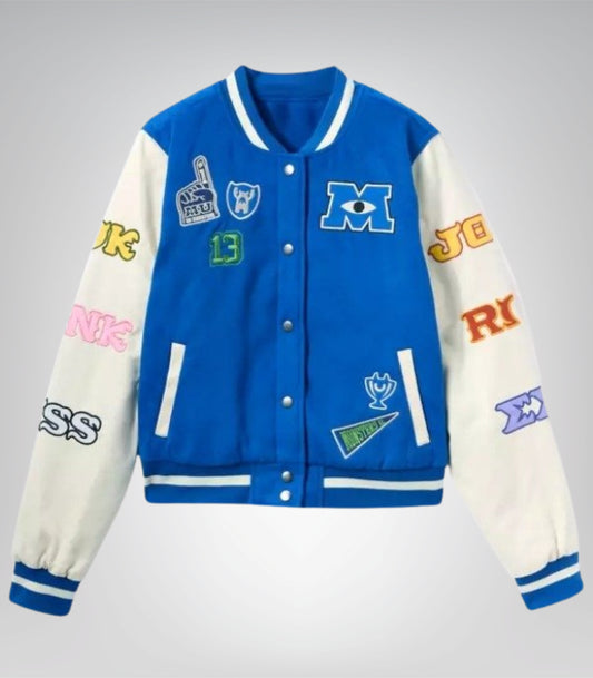 Monsters University Adults Varsity Jacket by Her Universe Wool &amp; Leather Sleeves (Blue &amp; White)