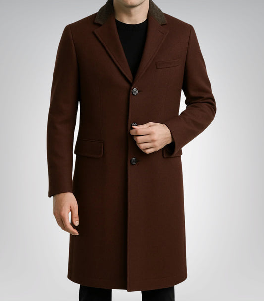 Javier men’s chocolate brown wool coat with shearling collar
