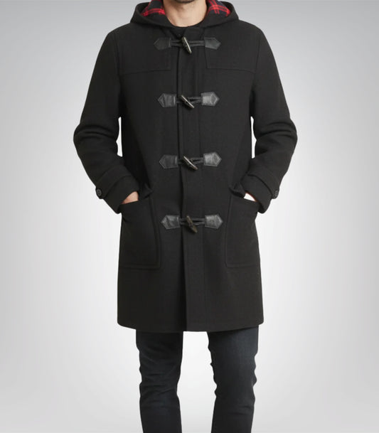 Bennie men’s black hooded duffle wool coat with toggle closure